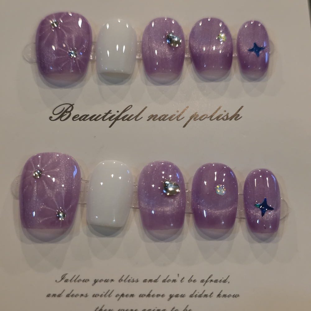 47. Purple and White Press-On Nails with Rhinestones